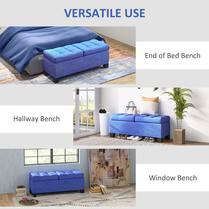 HOMCOM 46" Storage Ottoman Bench, Upholstered End of Bed Bench with Steel Frame, Button Tufted Storage Bench with Safety Hinges for Living Room, Entryway, Bedroom, Blue