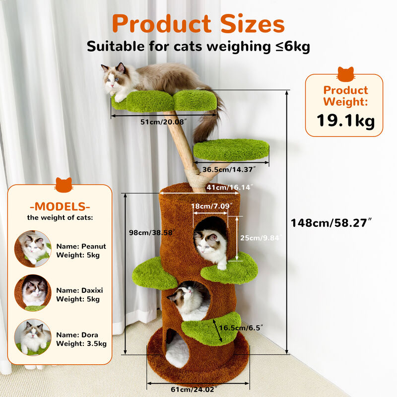 148CM Tall Wooden Cat Tree Tower Condo for Large Cats Activity with Steps &Posts image number 3