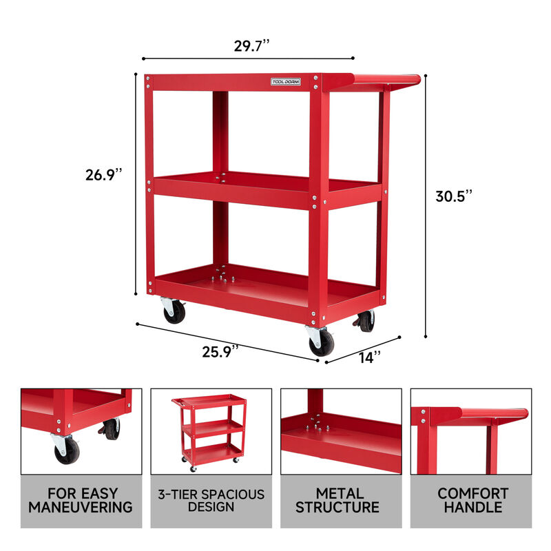 ELEMENT ACE Heavy Duty 3-Shelf Rolling Utility Service Cart with 200LBS Load Capacity, 360&deg; Swivel Wheels, Ergonomic Handle for Garage, Warehouse, Workshop Storage image number 2