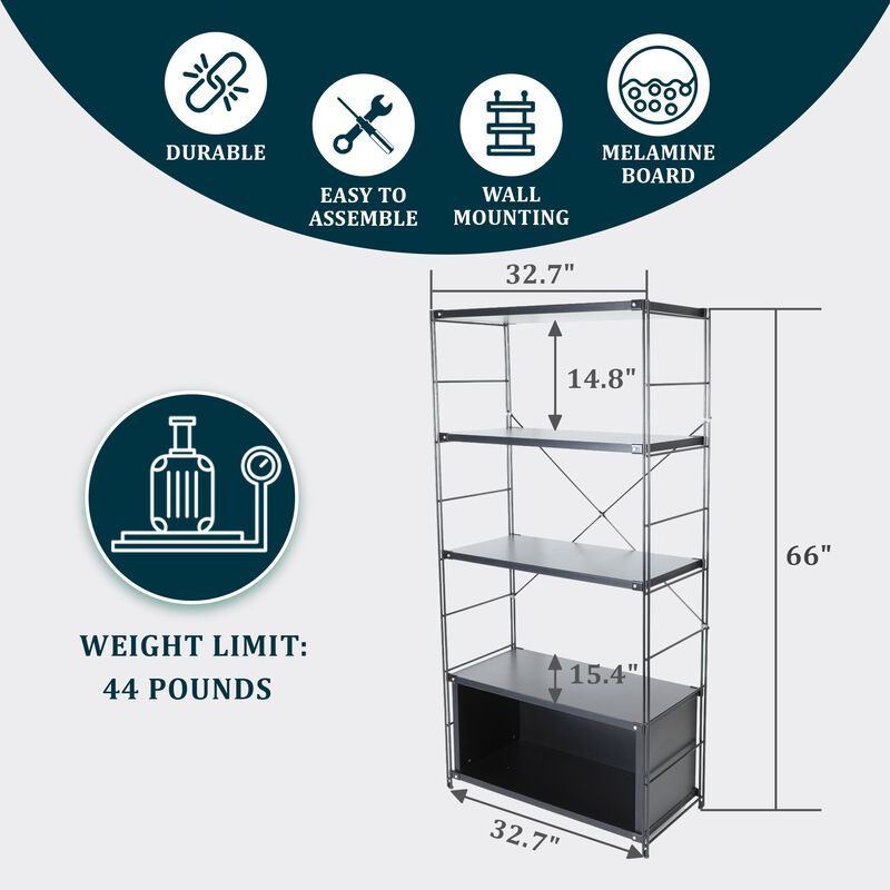 LeisureMod Etagere 4-Shelf Industrial Bookcase with Black Steel Frame and Melamine Shelves, Open Storage for Living Rooms, Offices, and Lounges