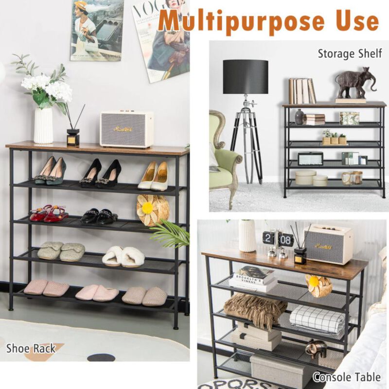 Hivvago Industrial Adjustable 5-Tier Metal Shoe Rack with 4 Shelves for 16-20 Pairs