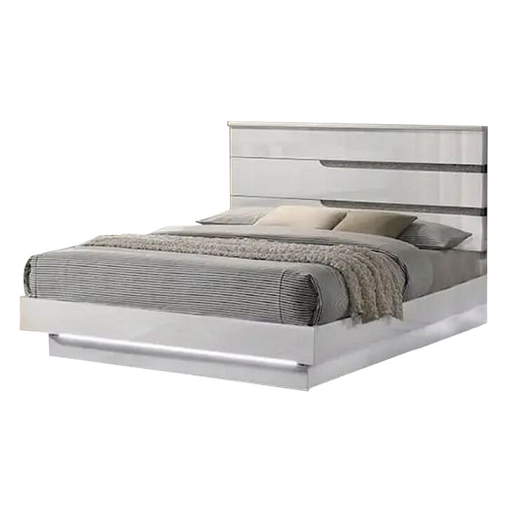 Peis King Size Bed, LED, Crystal Accents, Modern Design, Glossy White - Benzara
