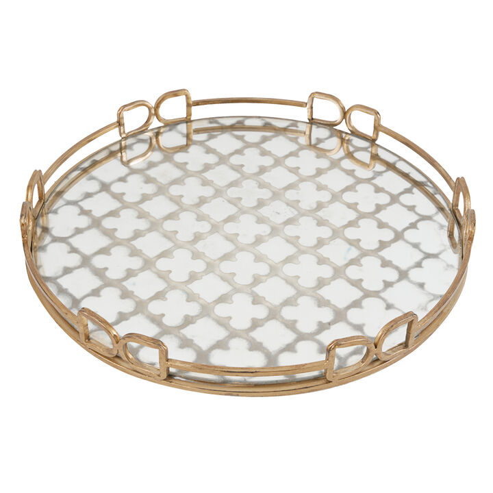 Sui 18 Inch Round Decorative Tray, Glass Bottom and Gold Geometric Frame - Benzara