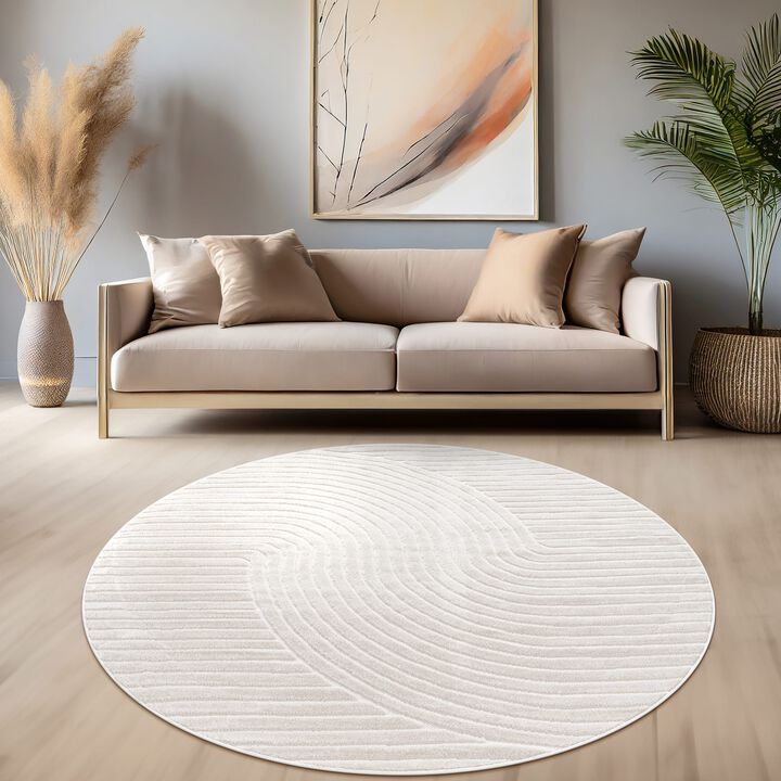 Modern Area Rug Minimalist Design with Curved Line Pattern in Cream / Green