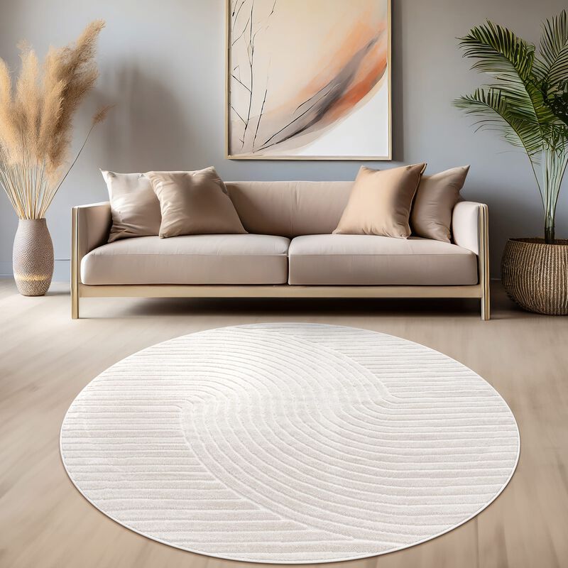 Modern Area Rug Minimalist Design with Curved Line Pattern in Cream / Green