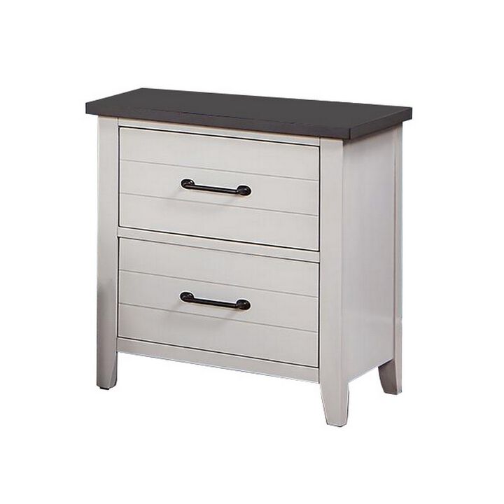 Akira 24 Inch Nightstand, 2 Drawers, White Solid Wood Frame and Gray Top - Benzara