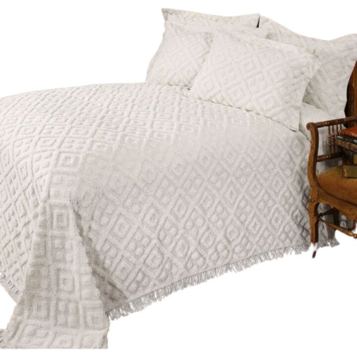 QuikFurn Full size Diamond Pattern Cotton Chenille Bedspread in White