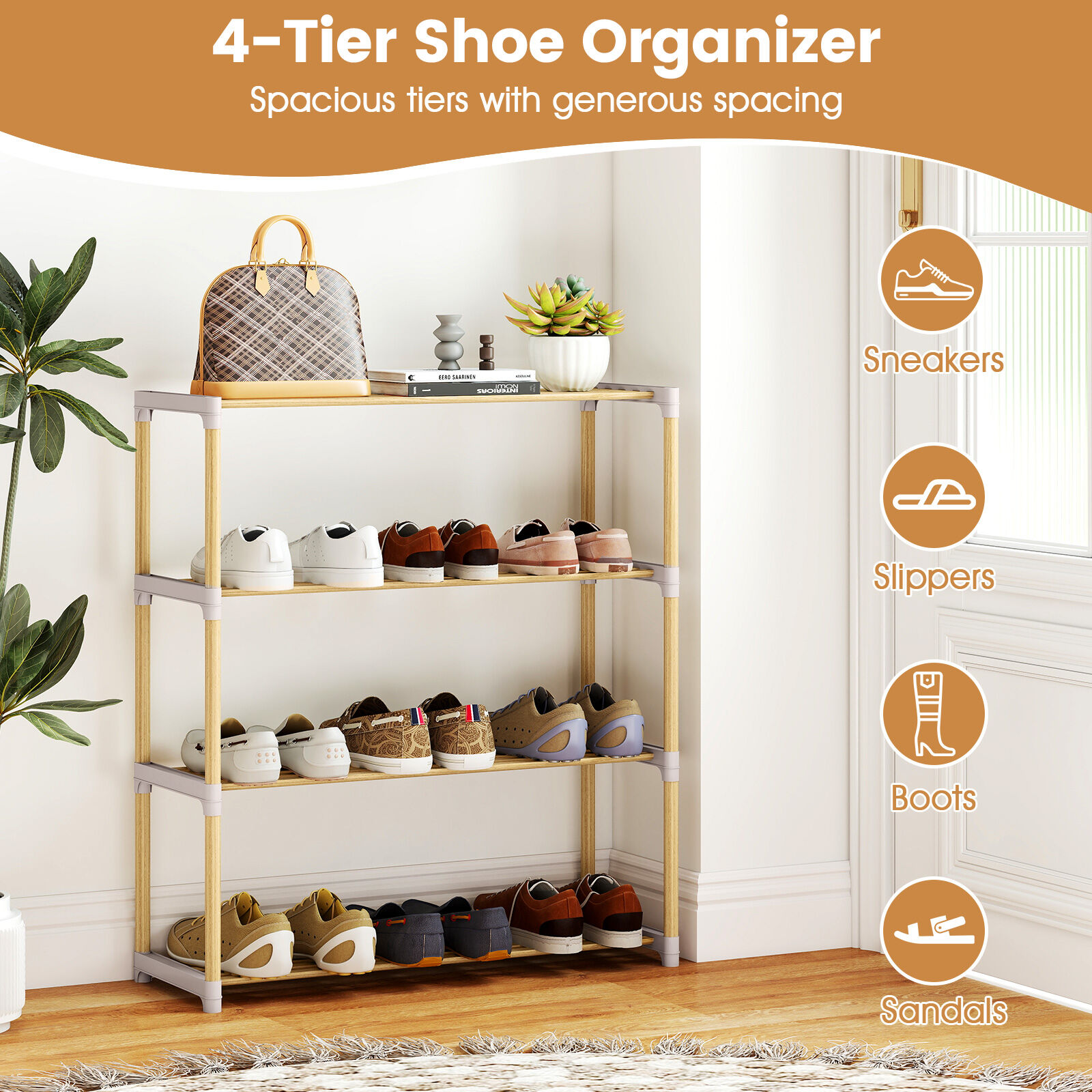 4-Tier Wooden Shoe Storage Rack with Slatted Open Shelves-Natural