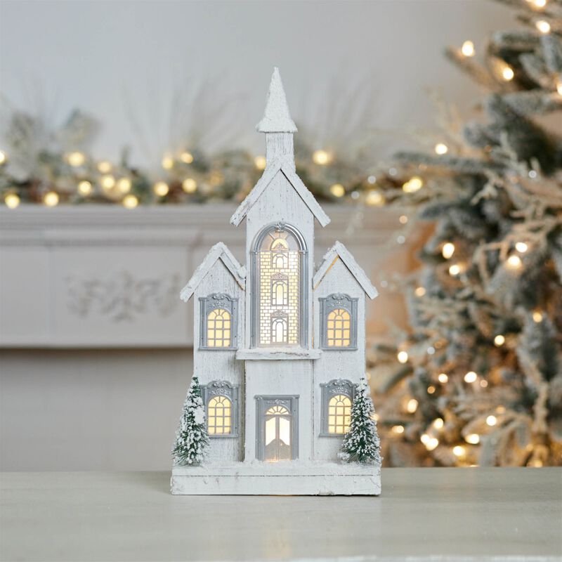 Flocked Wooden Church with LED Lights – Lighted Christmas Decoration for Tabletop, Console, or Holiday Vignette