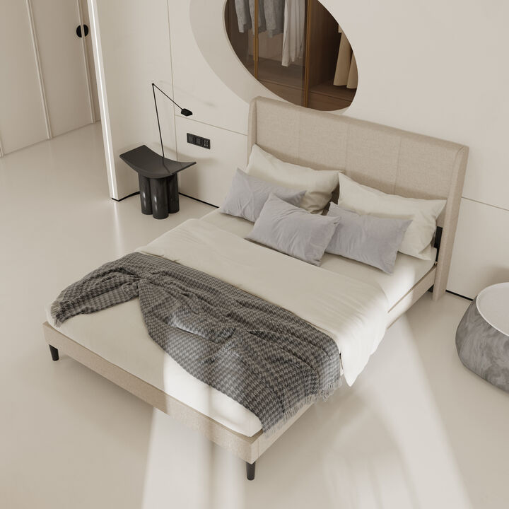 FUFU&GAGA Upholstered Queen Size Bed with Soft Polyester Fabric, (82.3"W x 62.6"D x 41.3"H ), Ivory White Finish