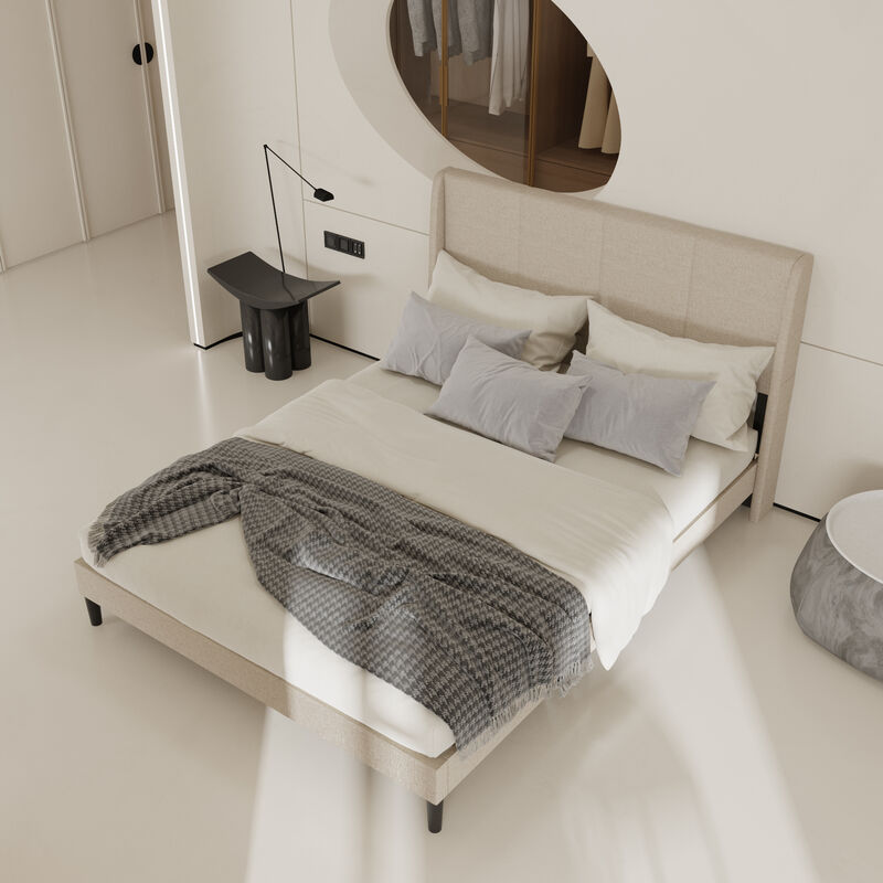 FUFU&GAGA Upholstered Queen Size Bed with Soft Polyester Fabric, (82.3"W x 62.6"D x 41.3"H ), Ivory White Finish