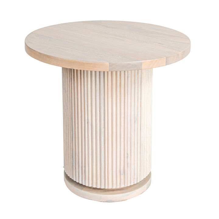 Round Mango Wood Pedestal Side Table with Ribbed Base, Natural Bleached