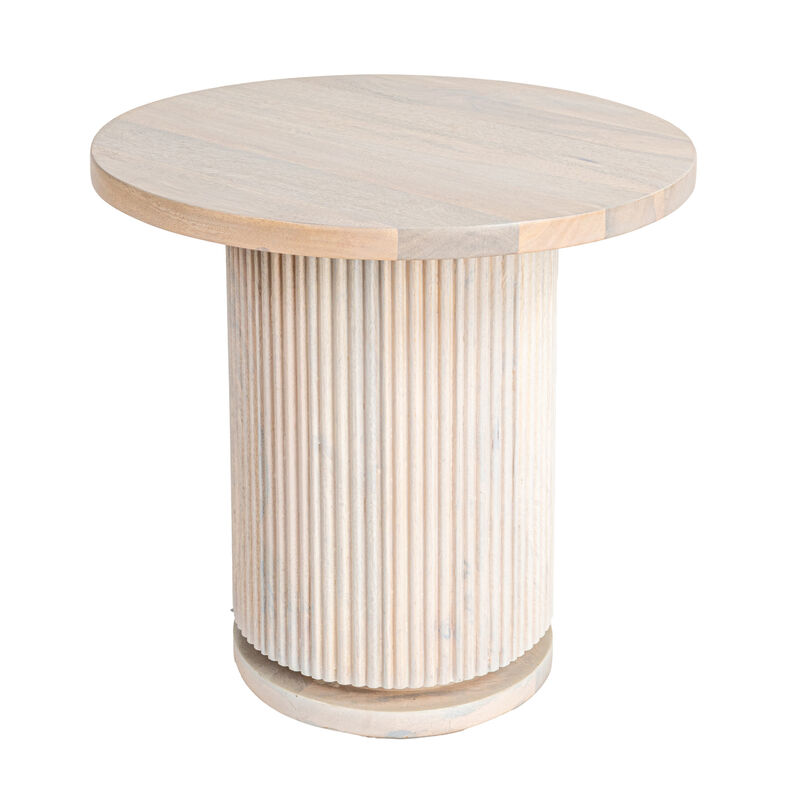 Round Mango Wood Pedestal Side Table with Ribbed Base, Natural Bleached image number 0