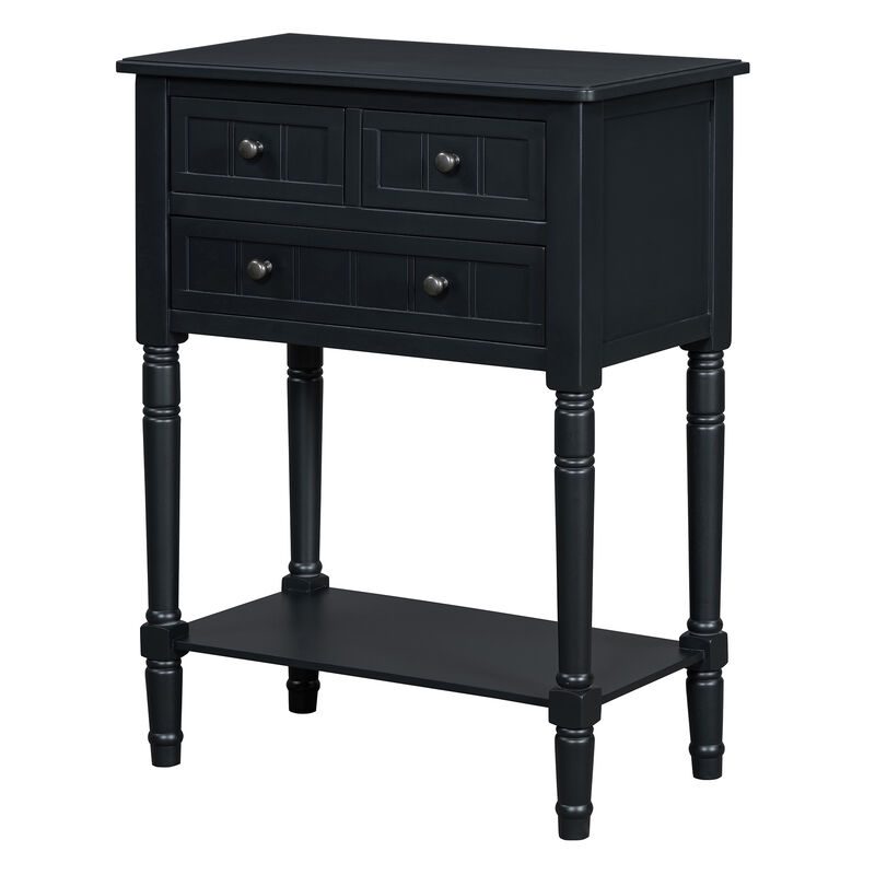 Whisen Narrow Console Table with Three Storage Drawers and Bottom Shelf - Black