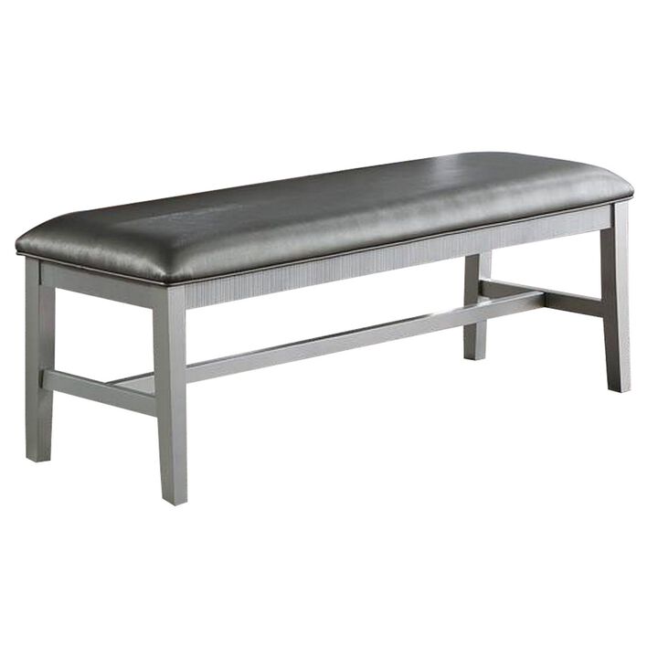 Joy 54 Inch Luxury Dining Bench, Silver, Padded Metallic Gray Faux Leather-Benzara
