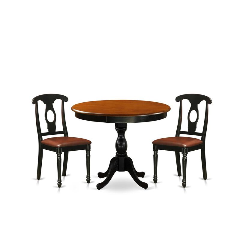 East West Furniture 3-Piece Table Set Contains a Dinner Table and 2 Faux Leather Mid Century Chairs with Napoleon Back - Black Finish