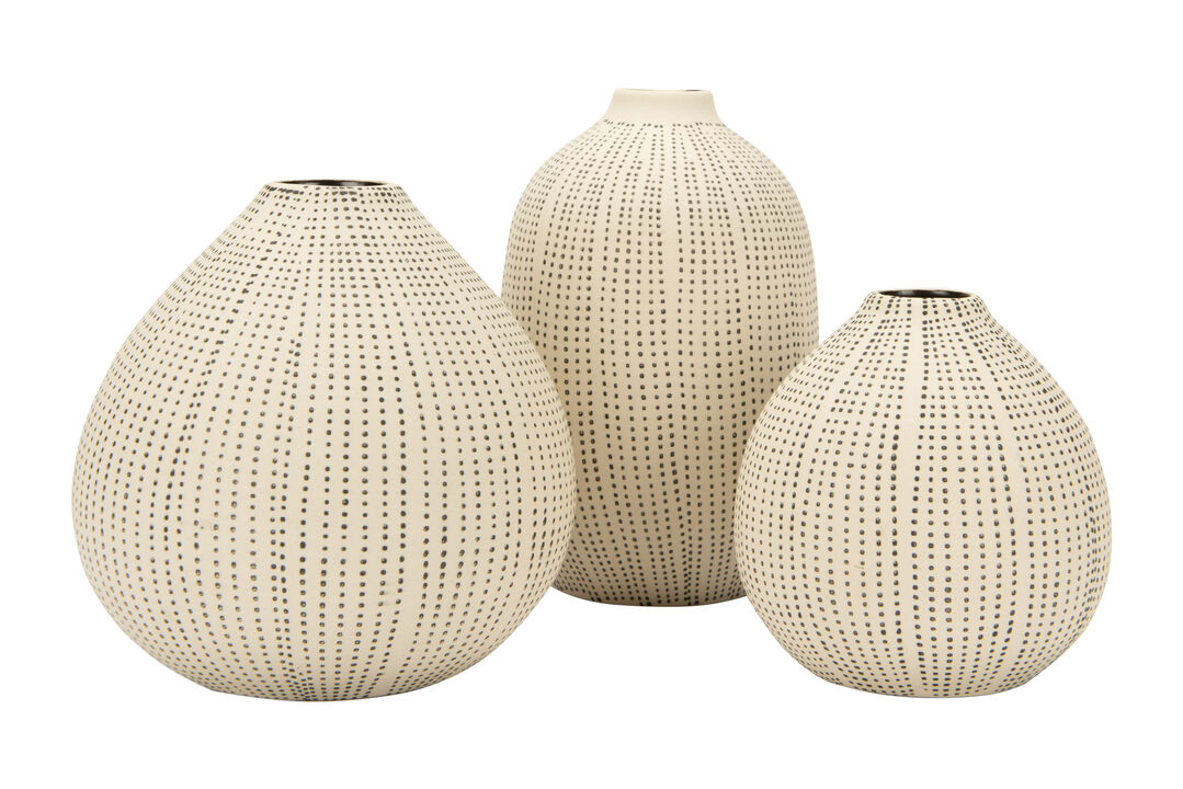 Round Stoneware Vases with Polka Dot Finish, White and Black, Set of 3