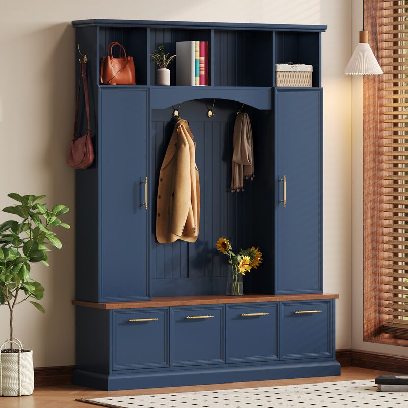 Merax Farmhouse Hall Tree with Gold-Tone Handles, Upper Cabinets with Hooks & Adjustable Shelves image number 2