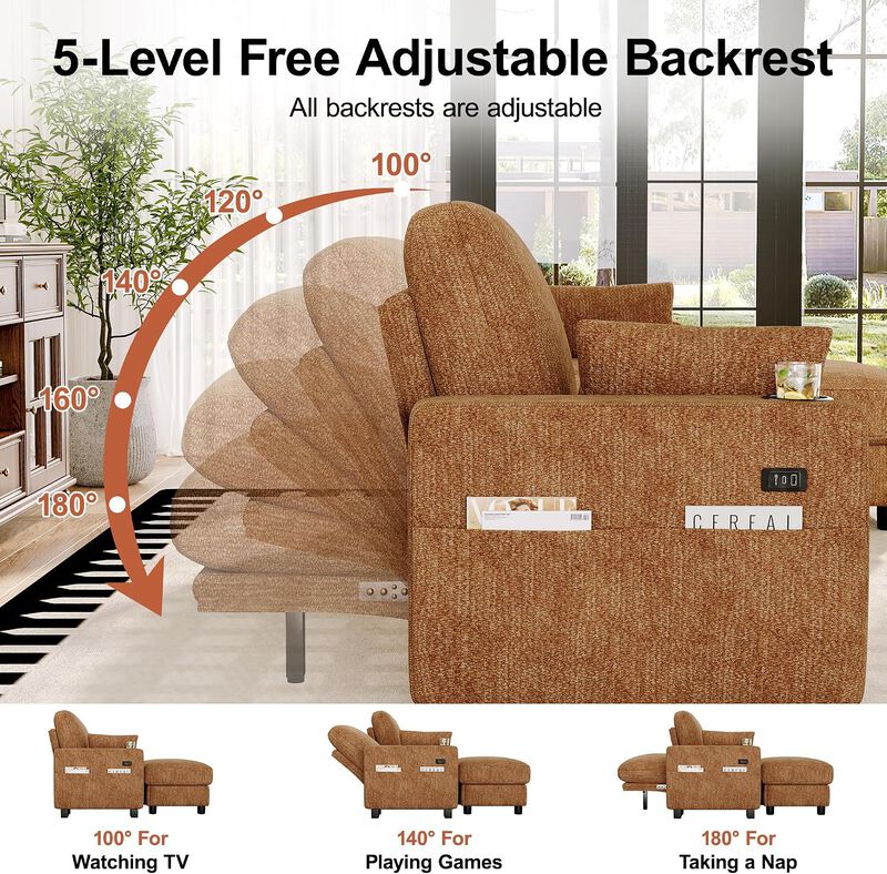 Vipbear 128" Modular Sectional Sofa, Chenille U Shaped Cloud Couch with Ottoman Adjustable Backrest image number 7