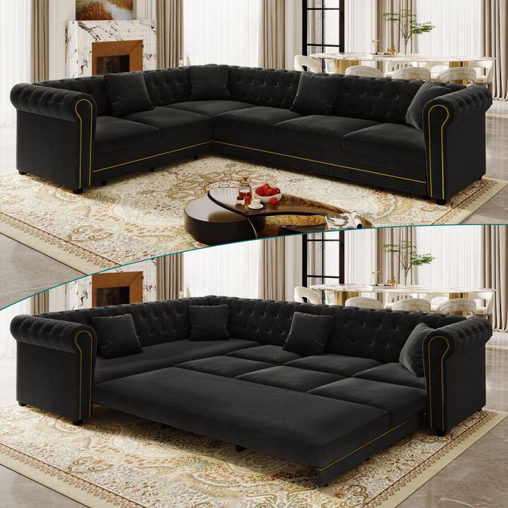 Gorheg Velvet L‑Shaped Chesterfield Sectional Sleeper Sofa