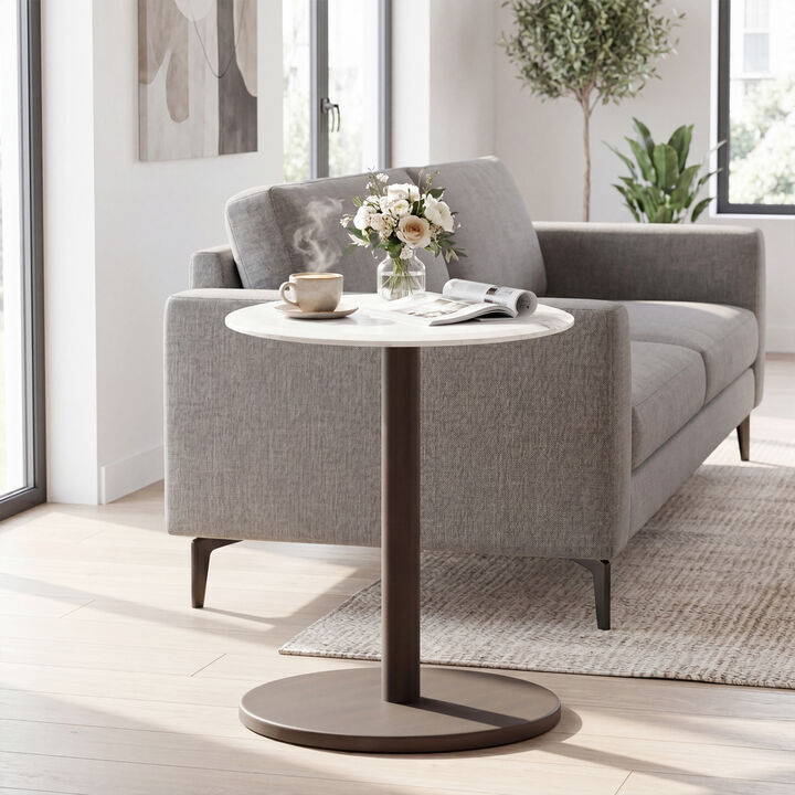Small Round Marble End Table with Wooden Base for Living Room and Bedroom