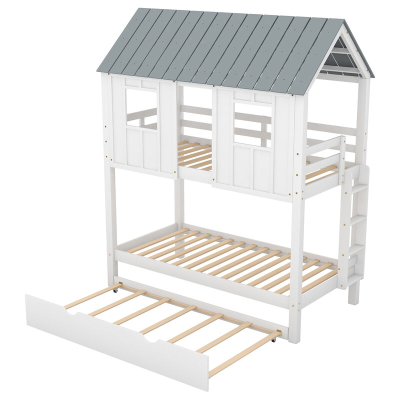 Whisen Twin Size House Bunk Bed with Trundle, Pine Wood, for Kids Teens Bedroom image number 8