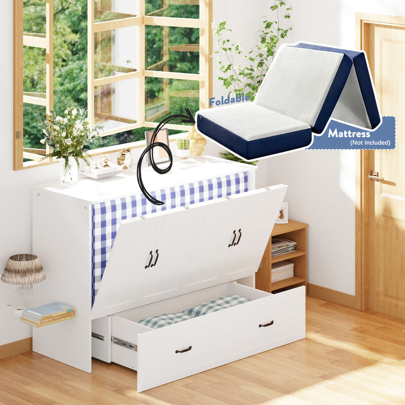 FUFU&GAGA Wall-Mounted Murphy Bed with Storage Cabinets and Drawers (75.6" L x 55.9" W x 41.3" H),White