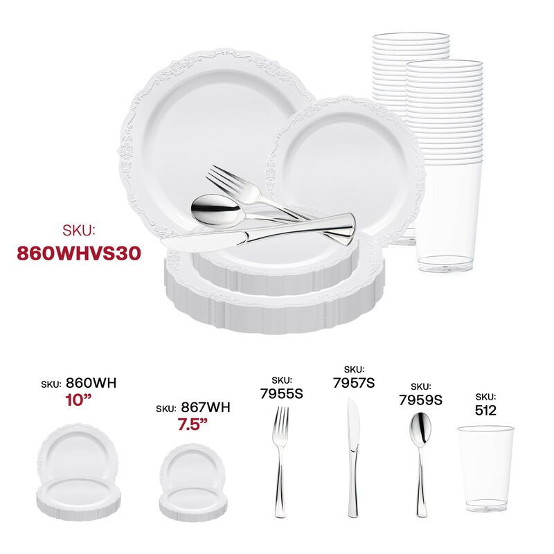 White Vintage Round Plastic Wedding Value Set (30 Sets) image number 5