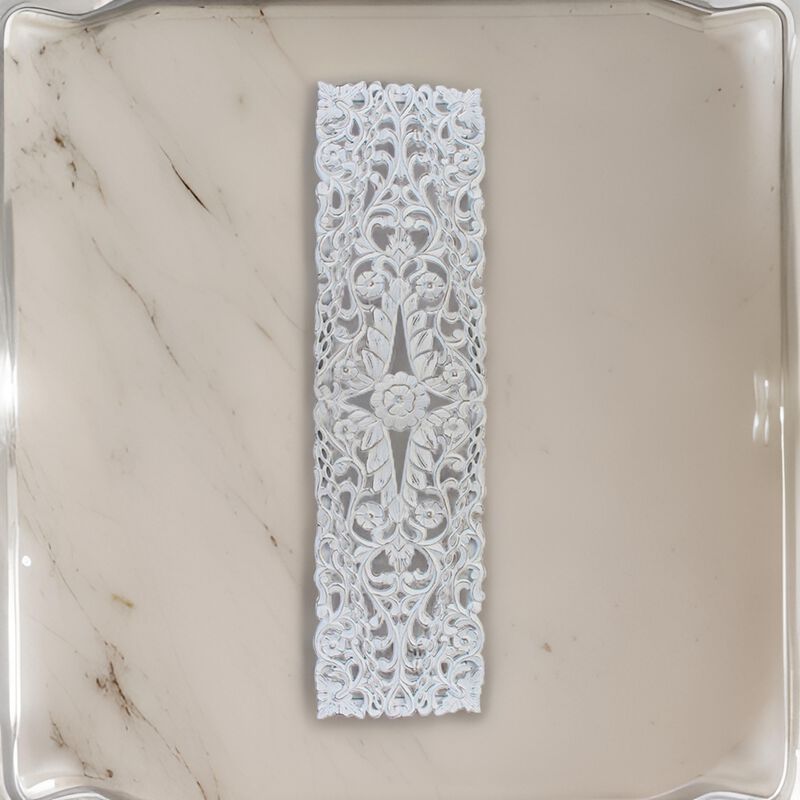 60 Inch Tall Decorative Panel, Carved Floral Vine Design, Mango Wood, White - Benzara