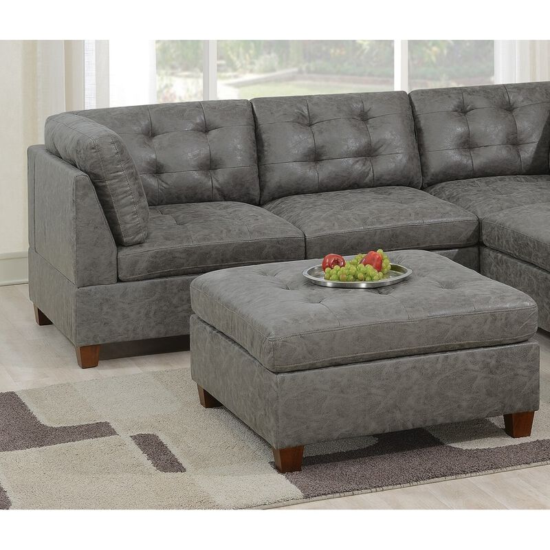 Tufted Cocktail Ottoman Antique Grey Breathable Leatherette 1pc Cushion Ottoman Seat Wooden Legs
