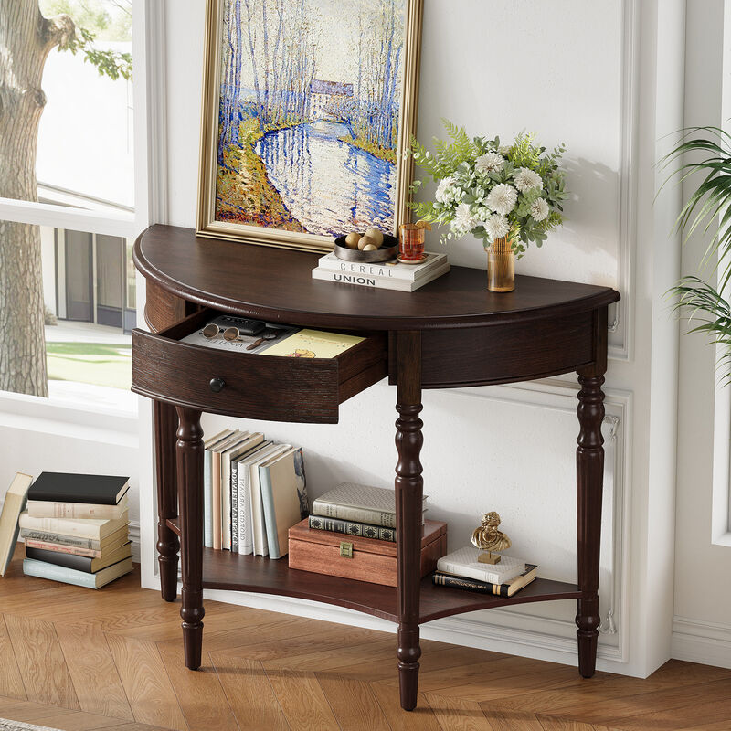 Merax Space-Saving Half-Moon Entryway Table with Storage Drawer & Lower Shelf image number 2