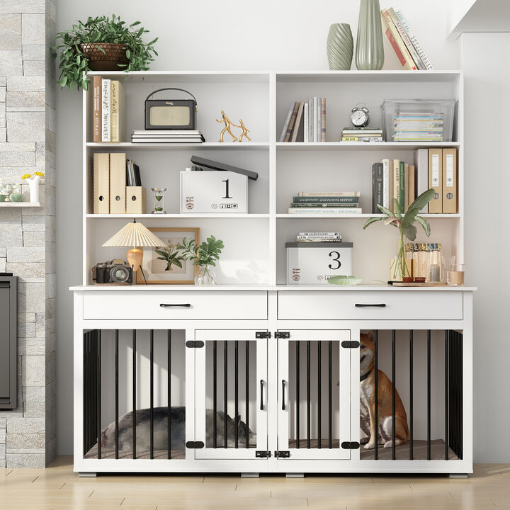 Dog House Furniture Style Dog Crate Storage Cabinet, Indoor Wood 6-Shelf Bookcase Bookshelf with Large Dog Crate, White
