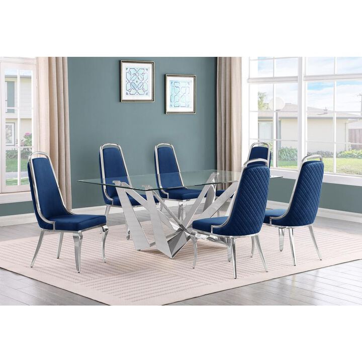 7pc Small(78") glass dining set with silver base and 6 Navy blue side chairs