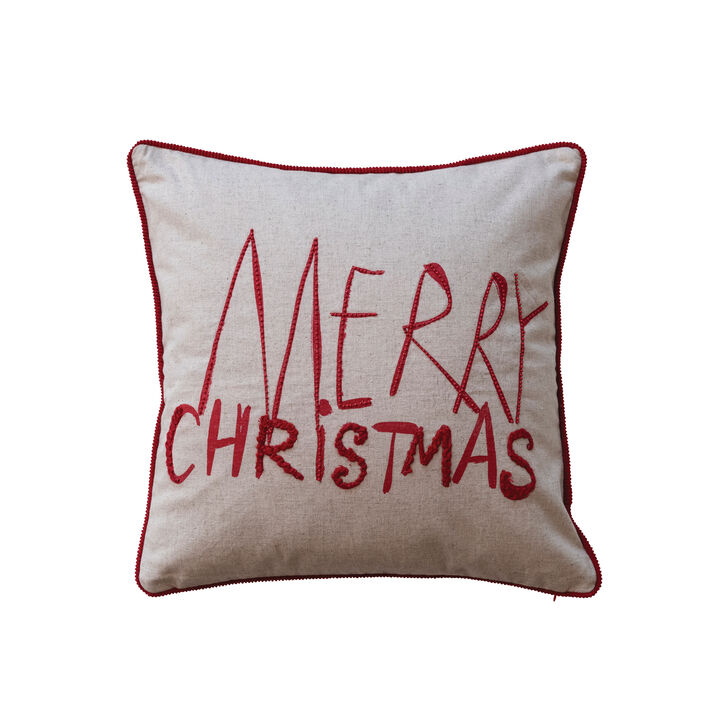 Square Cotton Printed Pillow with Embroidery, Corduroy Back and Piping "Merry Christmas", Natural and Red