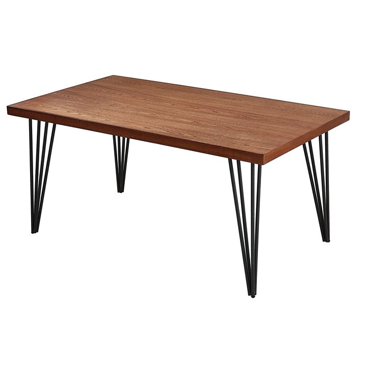 63 Inch Dining Table, Brown Rectangular Elm Veneer Top, Metal Black Legs - Benzara