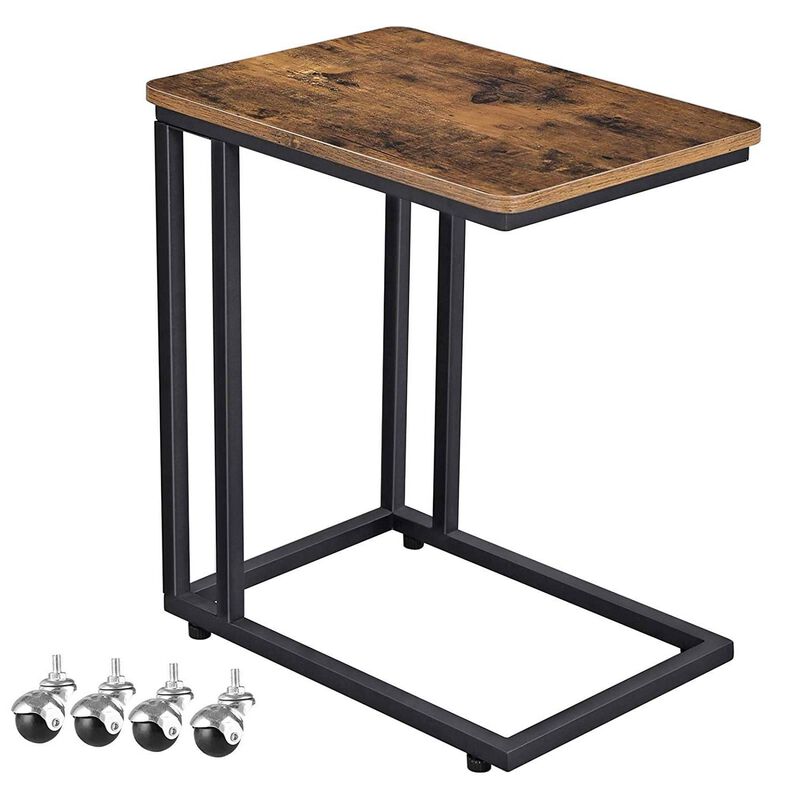 QuikFurn Modern Industrial Side Table Nightstand TV Tray on Wheels