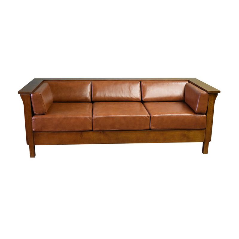 Crafters and Weavers Mission Craftsman Cubic Panel Side Sofa - Russet Brown Leather