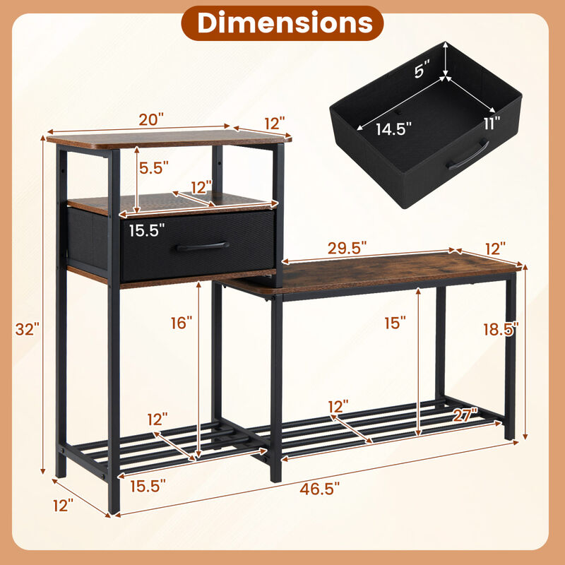 Modern Shoe Storage Rack Bench with Drawer and Metal Frame - Rustic Brown image number 2