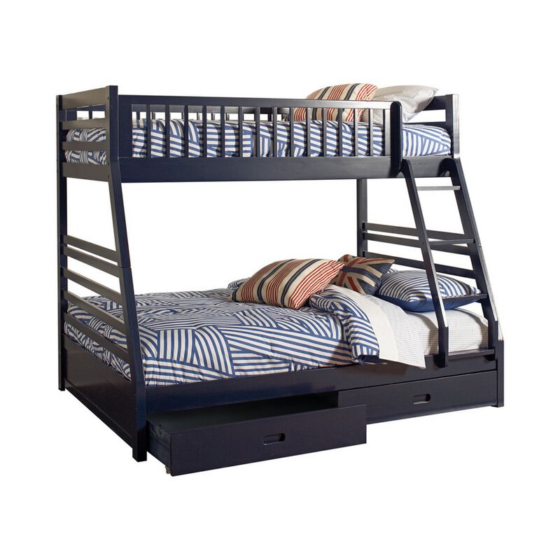 Wooden Twin Over Full Bunk Bed with Wheel Supported Bottom Drawers, Blue-Benzara