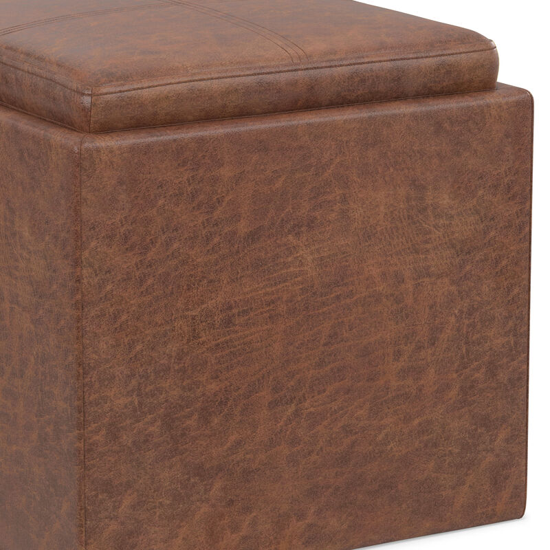 Rockwood 17 inch Wide Contemporary Square Cube Storage Ottoman with Tray in Distressed Saddle Brown Vegan Faux Leather, Assembled image number 9
