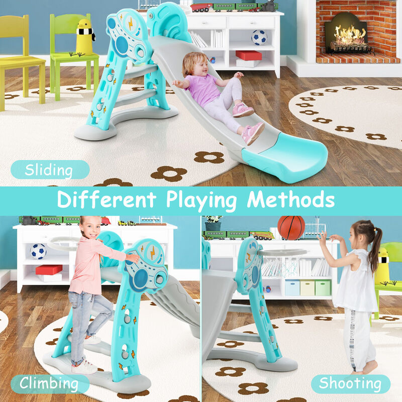 3-in-1 Folding Slide Playset with Basketball Hoop and Mini Basketball