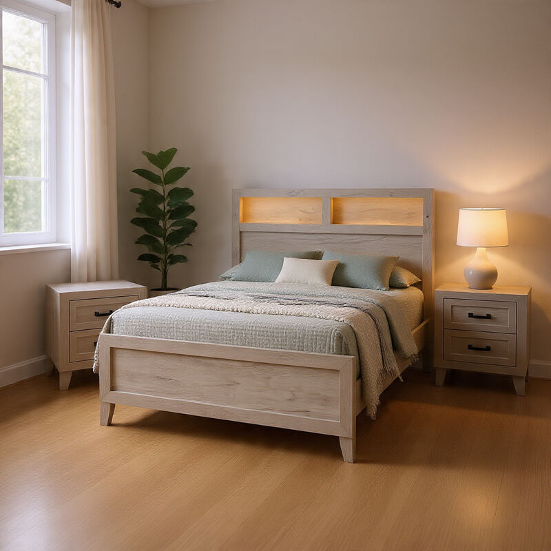 Queen Bedroom Set, White Wash, Black Wood, 3 Piece Set with 2 Nightstands image number 8