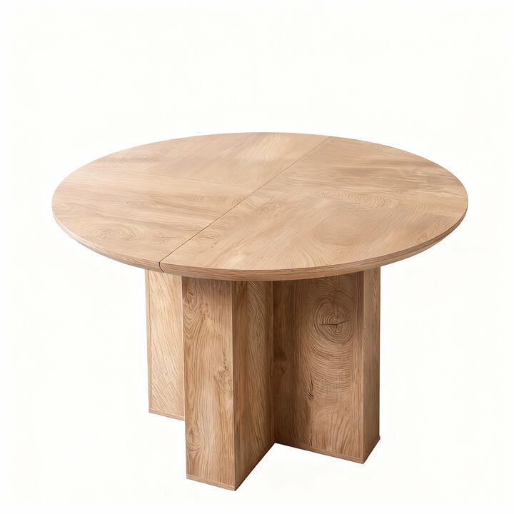 47" Round Dining Table for 4, Pedestal Cross Base, Thick Wood-Look Top