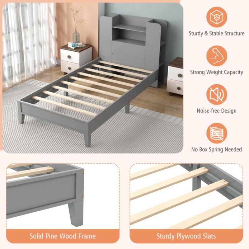 Hivvago Twin Size Wooden Platform Bed Frame with Bookcase Headboard