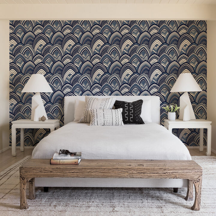Cabarita Indigo Art Deco Flocked Leaves Wallpaper