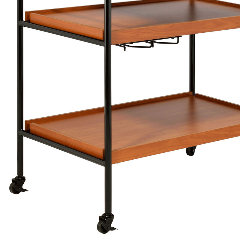Metal Frame Serving Cart with Adjustable Compartments, Oak Brown and Black-Benzara