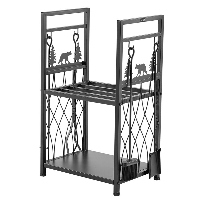 2-Tier Firewood Holder with Fireplace Tools, Heavy Duty Wood Storage Rack for Indoor Use-Black image number 7