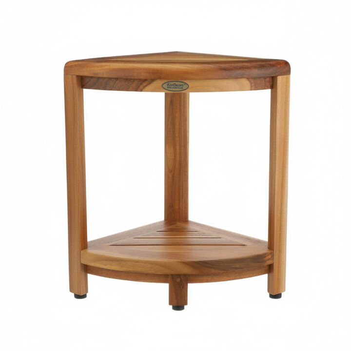 EcoDecors&reg; SnazzyCorner&reg; 18" Teak Wood Corner Footstool with Shelf in EarthyTeak Finish