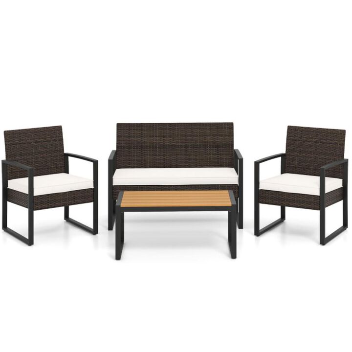 Hivvago 4 Piece Patio Furniture Set Outdoor Rattan Conversation Set with Cushioned Chairs and Wood Plastic Coffee Table