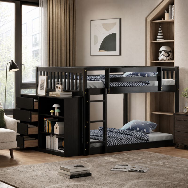 Whisen 92.4"x57" Full over Full Bunk Bed with 4 Drawers 3 Shelves, Solid Wood for Kids Bedroom image number 1